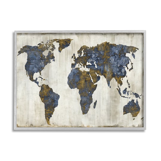 Stupell Industries Gold & Blue World Map Design Wall Art in Frame